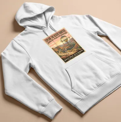 Vintage travel poster style T-shirt featuring an Australian Shepherd and hot air balloons — printed on a unisex hoodie