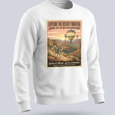 Vintage travel poster style T-shirt featuring an Australian Shepherd and hot air balloons — printed on a unisex sweatshirt