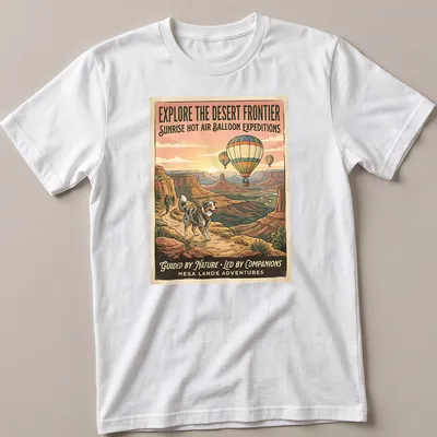 Vintage travel poster style T-shirt featuring an Australian Shepherd and hot air balloons