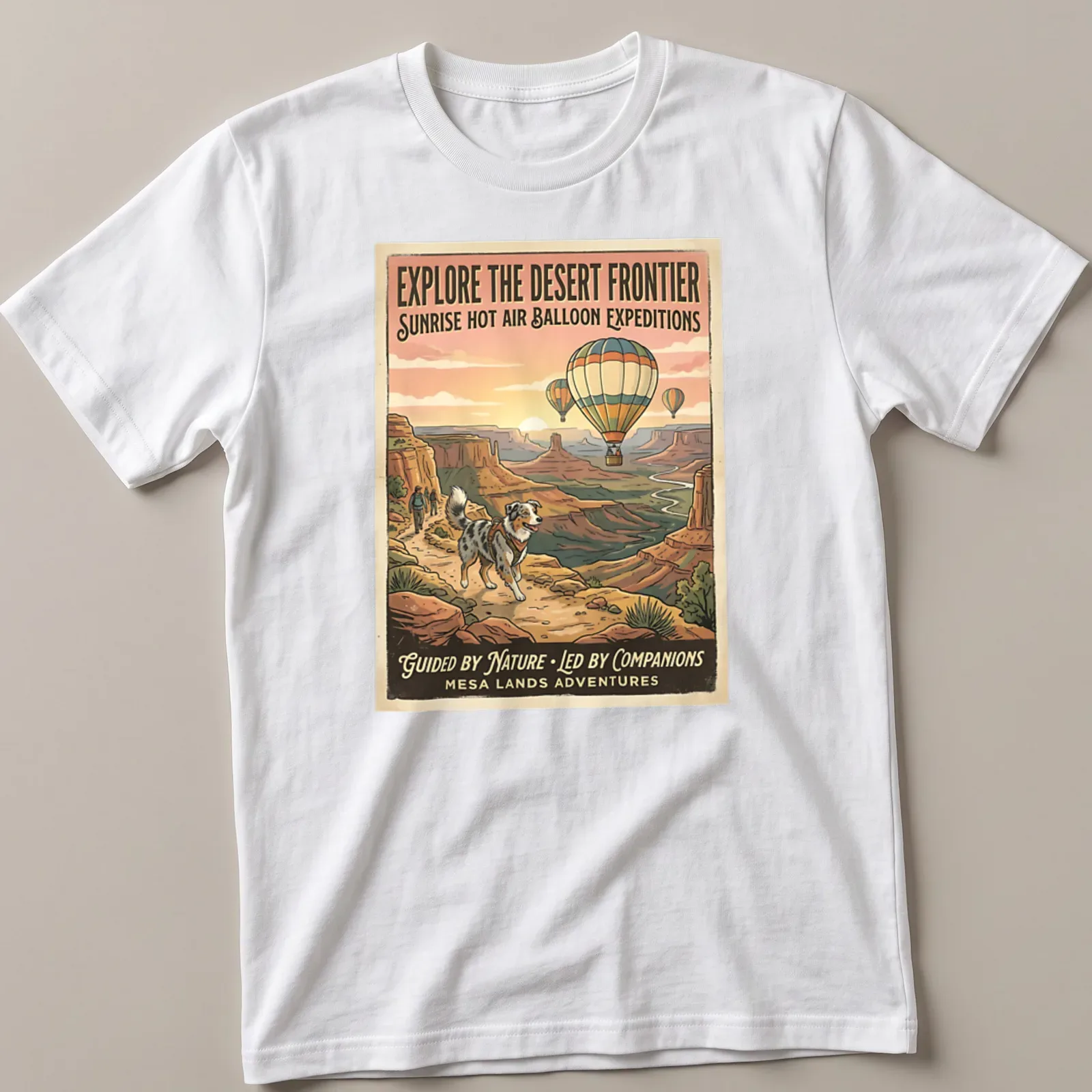 Vintage travel poster style T-shirt featuring an Australian Shepherd and hot air balloons — printed on a unisex t-shirt