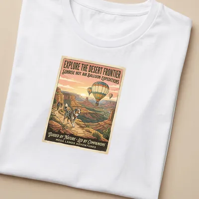 Vintage travel poster style T-shirt featuring an Australian Shepherd and hot air balloons — printed on a women's shirt