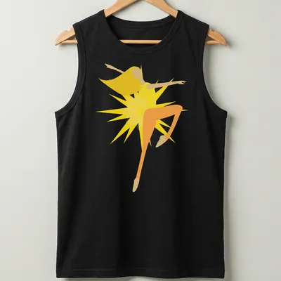 Minimalist illustration of a dancer in bright colors - yellow, orange, light beige — printed on a tank top