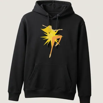 Minimalist illustration of a dancer in bright colors - yellow, orange, light beige — printed on a unisex hoodie