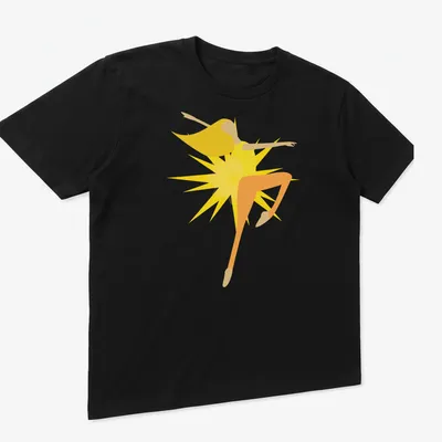Minimalist illustration of a dancer in bright colors - yellow, orange, light beige — printed on a unisex t-shirt (angled view)