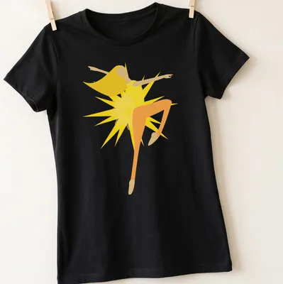Minimalist illustration of a dancer in bright colors - yellow, orange, light beige — printed on a women's shirt
