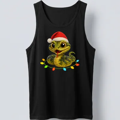 Cartoon Fer De Lance Viper adorned with colorful Christmas lights — printed on a tank top