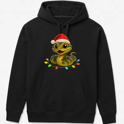 Cartoon Fer De Lance Viper adorned with colorful Christmas lights — printed on a unisex hoodie