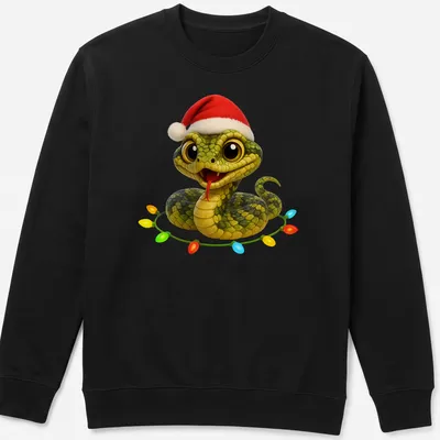 Cartoon Fer De Lance Viper adorned with colorful Christmas lights — printed on a unisex sweatshirt