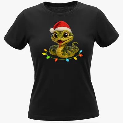Cartoon Fer De Lance Viper adorned with colorful Christmas lights — printed on a women's shirt