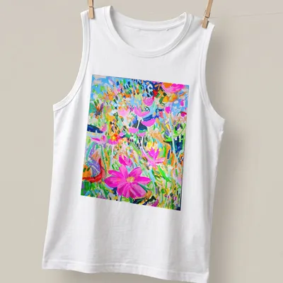 Abstract illustration of colorful flowers in pink, blue, green, orange, and purple — printed on a tank top