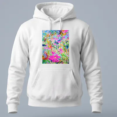 Abstract illustration of colorful flowers in pink, blue, green, orange, and purple — printed on a unisex hoodie