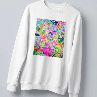 Abstract illustration of colorful flowers in pink, blue, green, orange, and purple — printed on a unisex sweatshirt