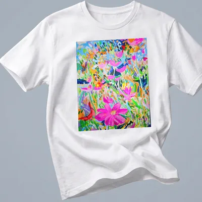 Abstract illustration of colorful flowers in pink, blue, green, orange, and purple