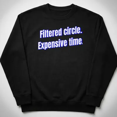 Minimalist T-shirt with printed text 'Filtered circle. Expensive time' in modern typography — printed on a unisex sweatshirt
