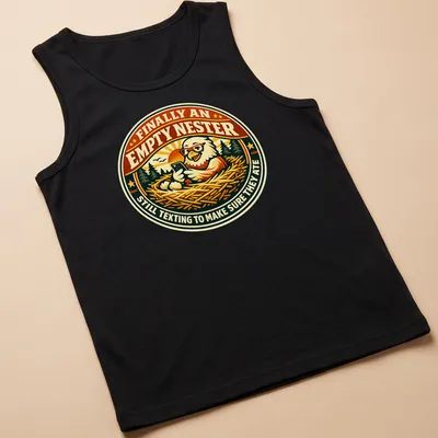 Vintage retro shirt featuring a chicken in a nest with humorous text about texting children. — printed on a tank top