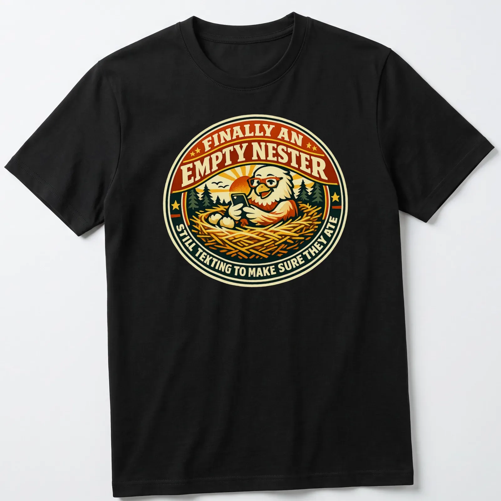 Vintage retro shirt featuring a chicken in a nest with humorous text about texting children. — printed on a unisex t-shirt