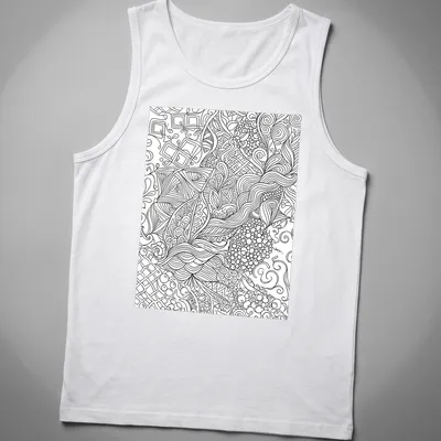 Intricate black and white abstract floral line art seamless pattern — printed on a tank top