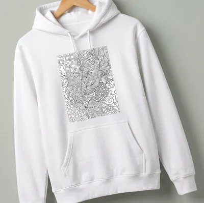 Intricate black and white abstract floral line art seamless pattern — printed on a unisex hoodie