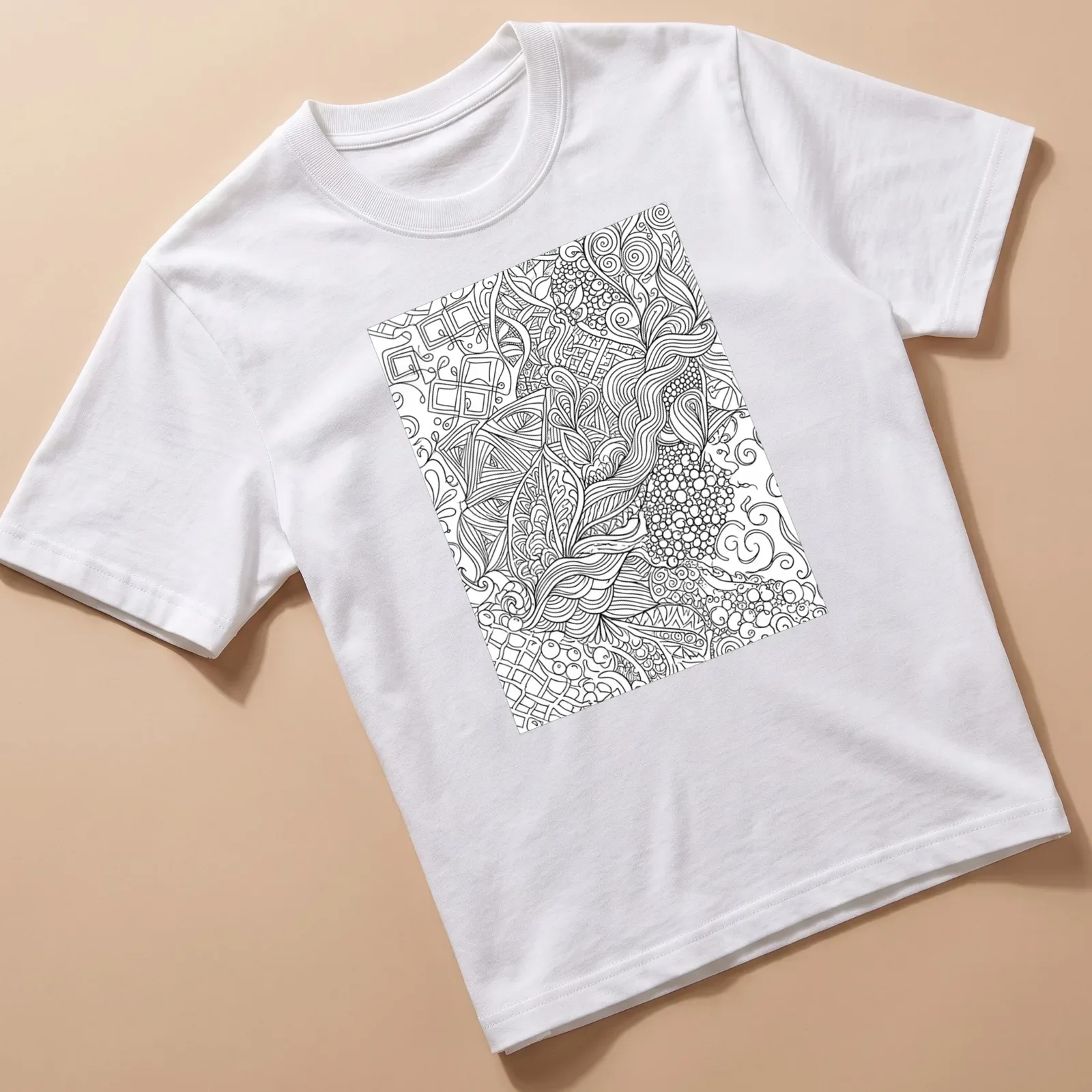 Intricate black and white abstract floral line art seamless pattern — printed on a unisex t-shirt