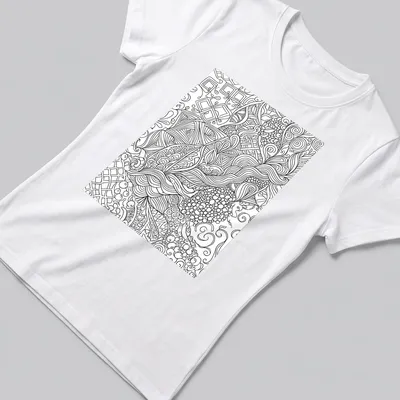 Intricate black and white abstract floral line art seamless pattern — printed on a women's shirt