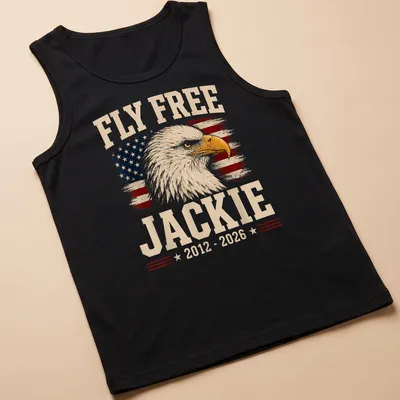 Eagle design with vintage distressed text 'Fly Free Jackie 2012 - 2026' on American flag background — printed on a tank top