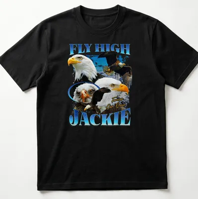 Bald Eagle in flight with text 'FLY HIGH JACKIE Forever Our Queen' beneath