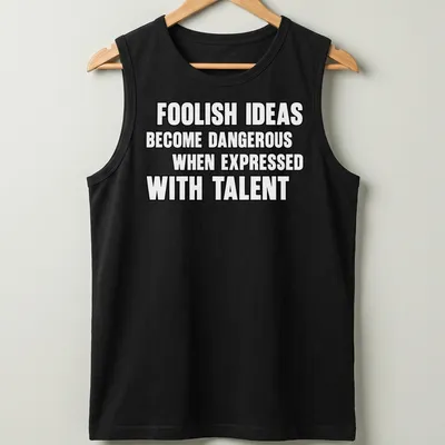 Bold typography t-shirt displaying the phrase about foolish ideas and talent. — printed on a tank top