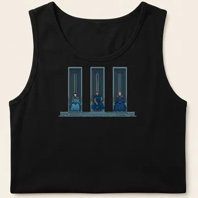 Three thrones with seated figures in a blue, gray, and black digital illustration — printed on a tank top