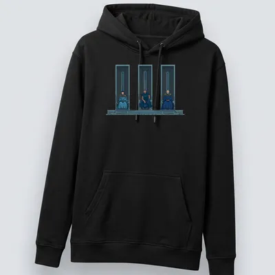 Three thrones with seated figures in a blue, gray, and black digital illustration — printed on a unisex hoodie
