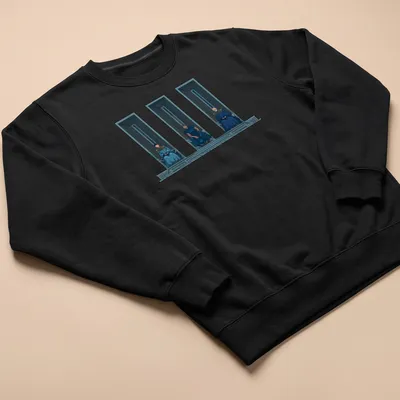 Three thrones with seated figures in a blue, gray, and black digital illustration — printed on a unisex sweatshirt