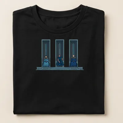 Three thrones with seated figures in a blue, gray, and black digital illustration — printed on a women's shirt