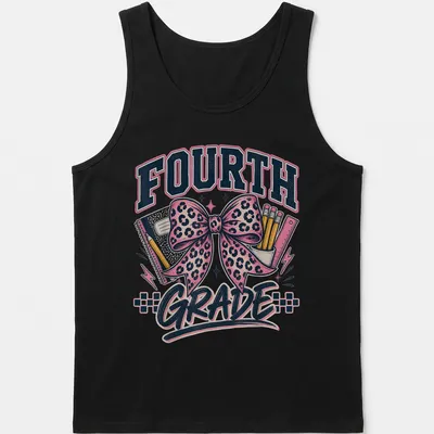 Leopard print bow with school supplies and Fourth Grade text. — printed on a tank top