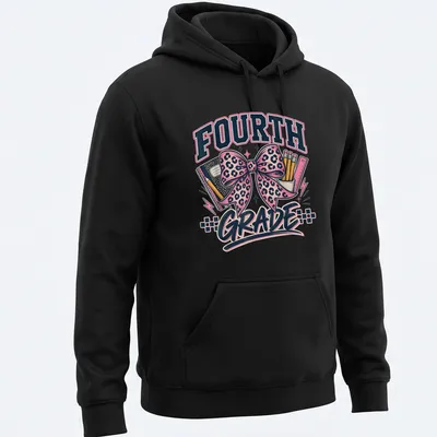 Leopard print bow with school supplies and Fourth Grade text. — printed on a unisex hoodie