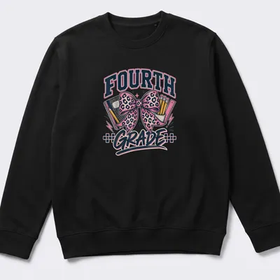 Leopard print bow with school supplies and Fourth Grade text. — printed on a unisex sweatshirt