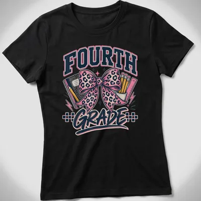 Leopard print bow with school supplies and Fourth Grade text. — printed on a women's shirt