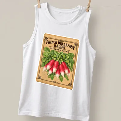 Vintage seed packet style shirt featuring French breakfast radishes in red and green. — printed on a tank top
