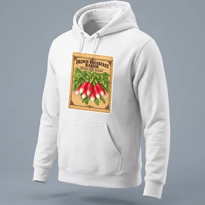 Vintage seed packet style shirt featuring French breakfast radishes in red and green. — printed on a unisex hoodie