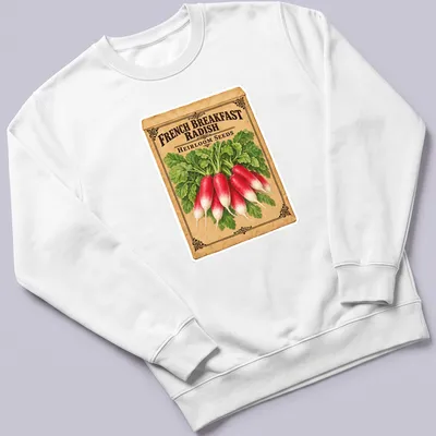 Vintage seed packet style shirt featuring French breakfast radishes in red and green. — printed on a unisex sweatshirt