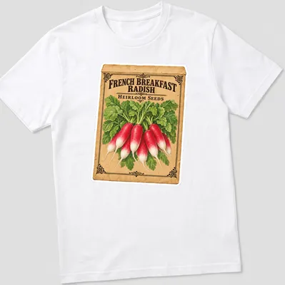 Vintage seed packet style shirt featuring French breakfast radishes in red and green.
