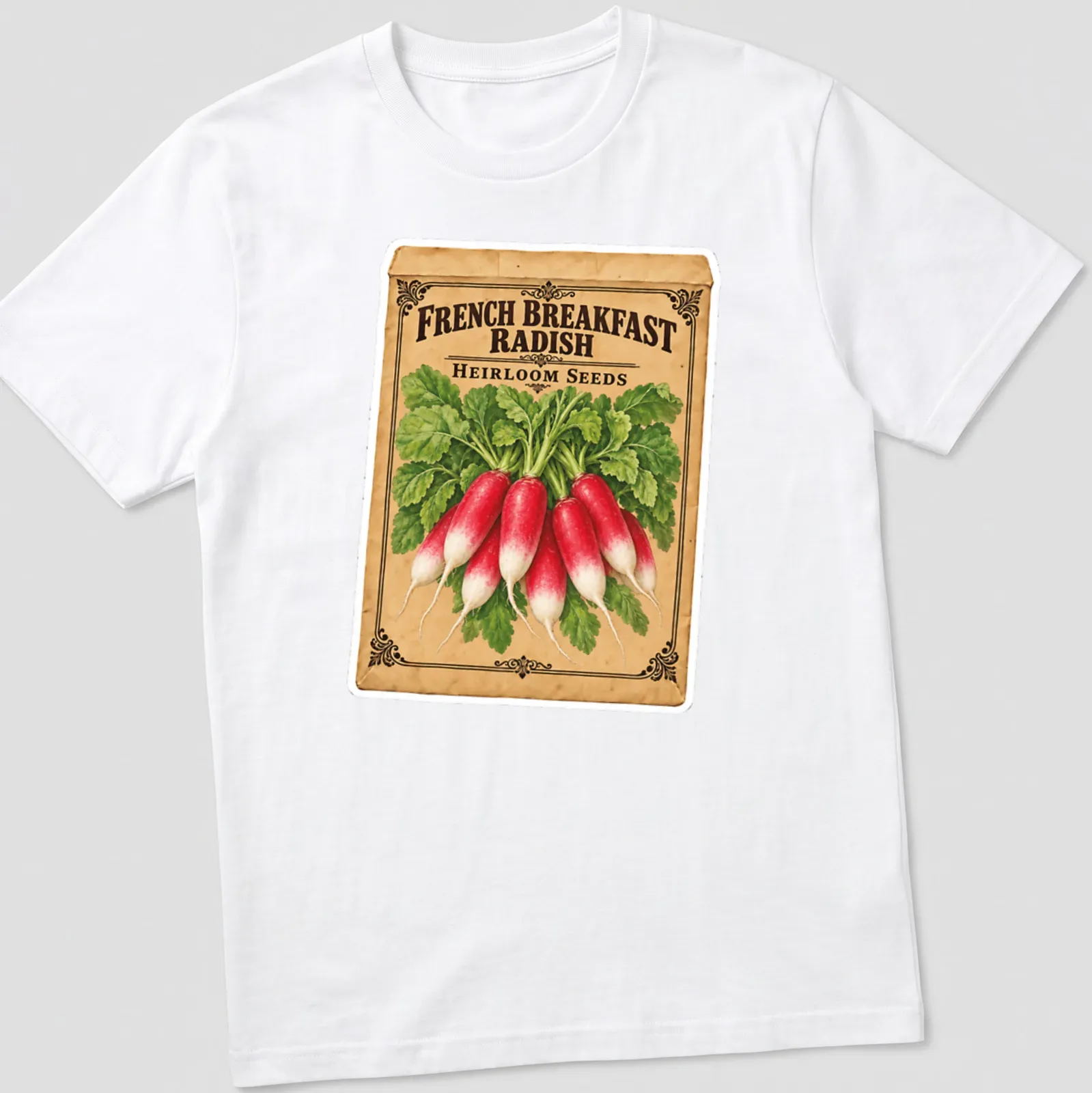 Vintage seed packet style shirt featuring French breakfast radishes in red and green. — printed on a unisex t-shirt