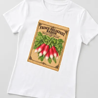 Vintage seed packet style shirt featuring French breakfast radishes in red and green. — printed on a women's shirt
