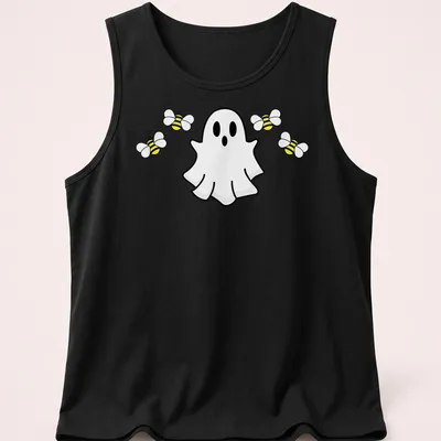 Cartoon ghost surrounded by cute bees on a Halloween — printed on a tank top