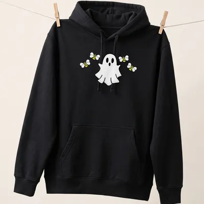 Cartoon ghost surrounded by cute bees on a Halloween — printed on a unisex hoodie