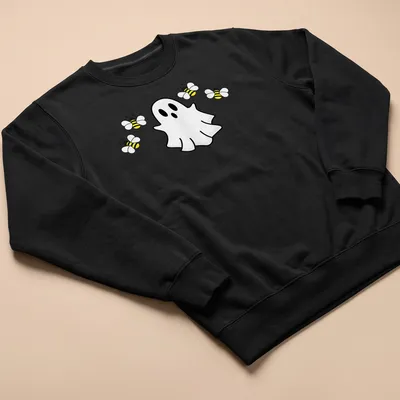 Cartoon ghost surrounded by cute bees on a Halloween — printed on a unisex sweatshirt