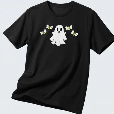 Cartoon ghost surrounded by cute bees on a Halloween T-shirt