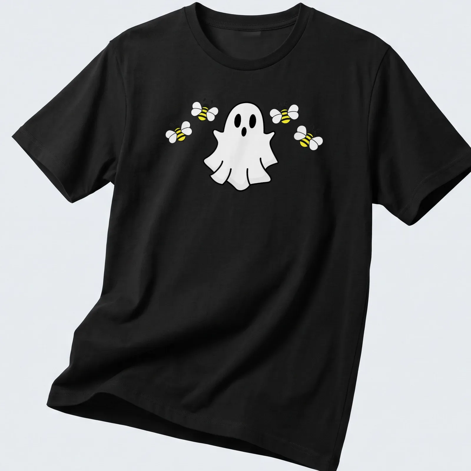 Cartoon ghost surrounded by cute bees on a Halloween — printed on a unisex t-shirt