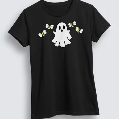 Cartoon ghost surrounded by cute bees on a Halloween — printed on a women's shirt