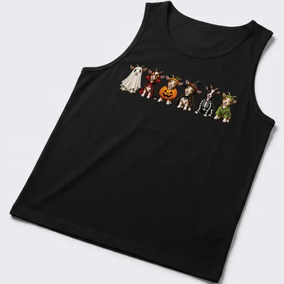 Cartoon goats in Halloween costumes including a witch and pumpkin — printed on a tank top