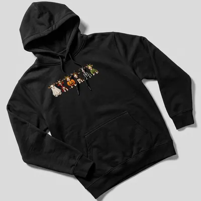 Cartoon goats in Halloween costumes including a witch and pumpkin — printed on a unisex hoodie