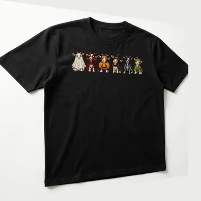 Cartoon goats in Halloween costumes including a witch and pumpkin — printed on a unisex t-shirt (angled view)